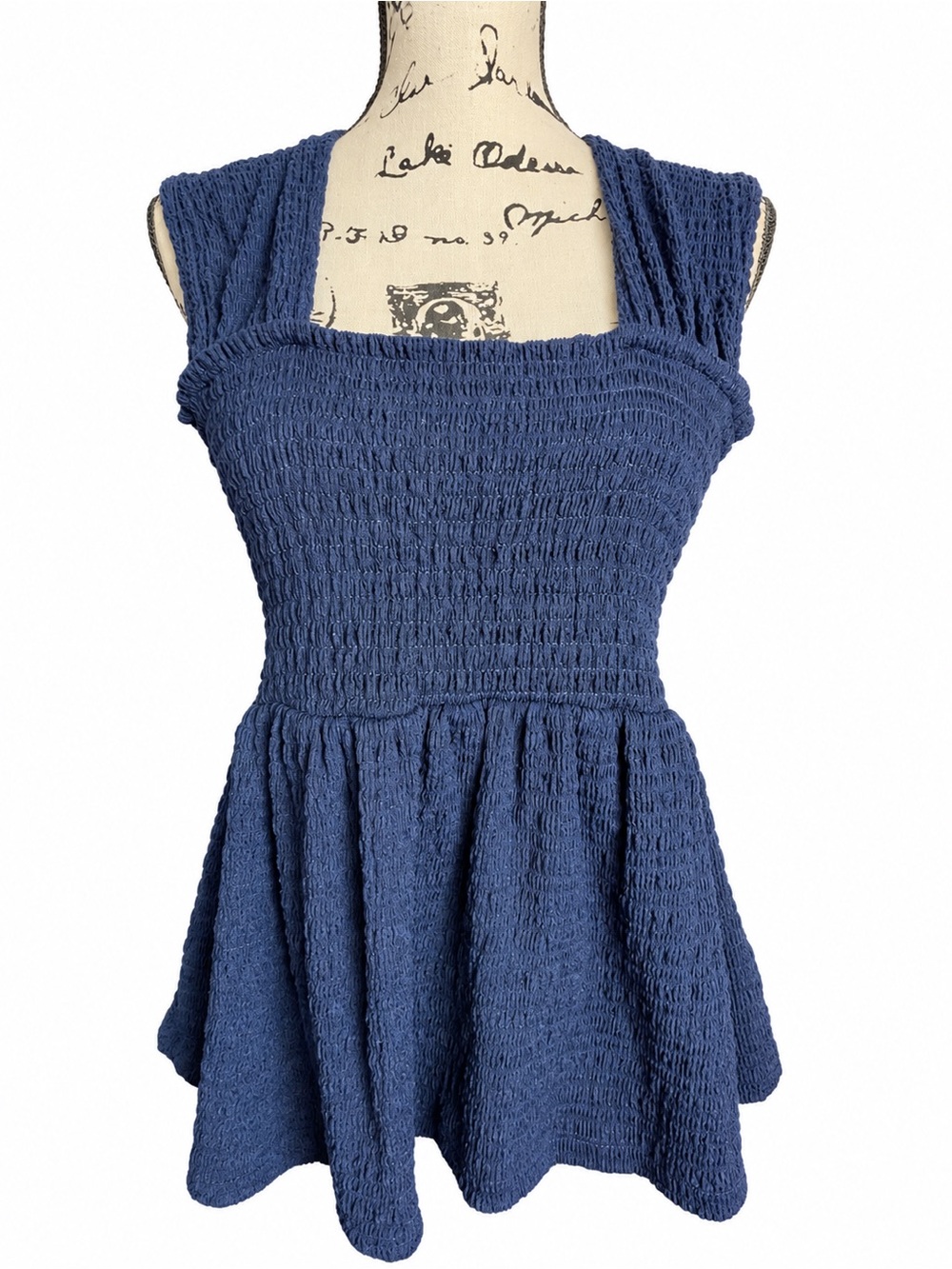 Smocked Square Neck Women’s Tank Top Navy Blue Size Large